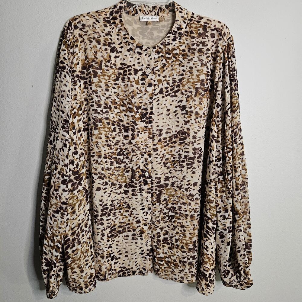 Calvin Klein Chiffon Long Sleeve Button Front Blouse Animal Print Lined Size 3X